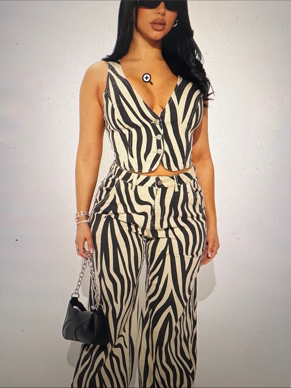 Fashion Nova Black & Cream Zebra Wide-Leg Pants with Matching V-Neck Vest